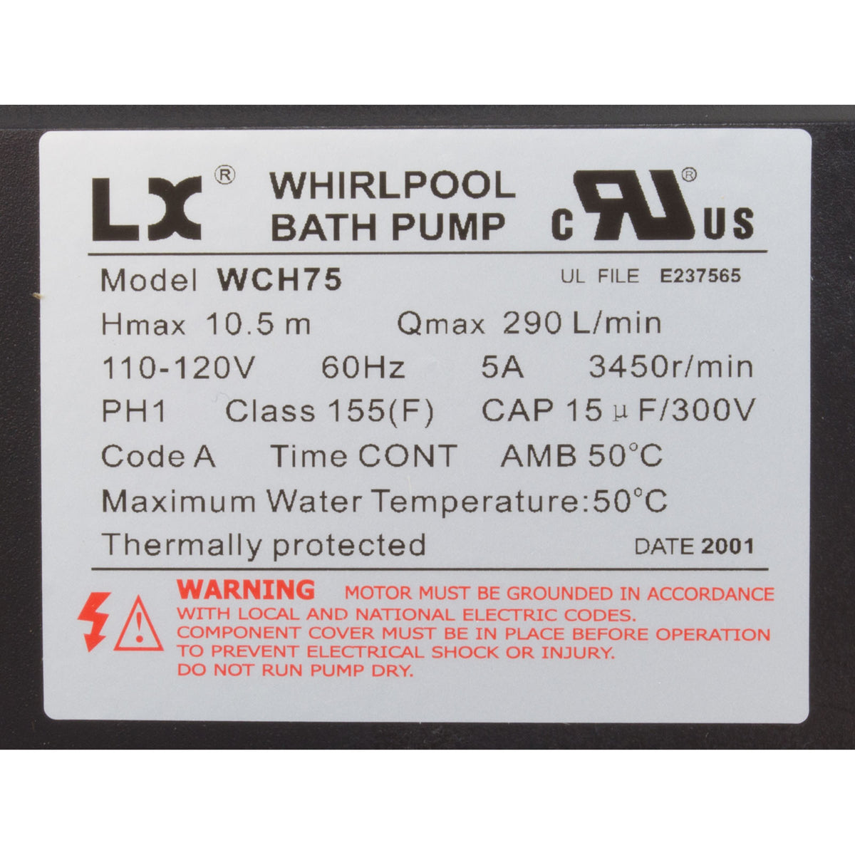 Pump, Bath, LX WCH, 5.0A, 115v, 1.5", w/Air Switch