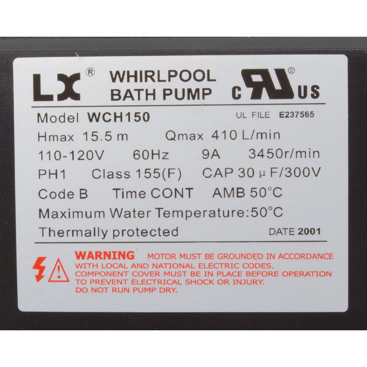 Pump, Bath, LX WCH, 9.0A, 115v, 1.5", w/Air Switch