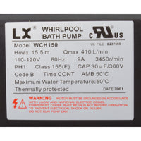 Pump, Bath, LX WCH, 9.0A, 115v, 1.5", w/Air Switch
