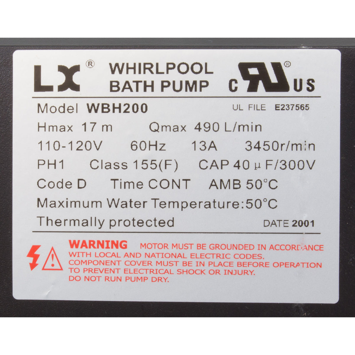Pump, Bath, LX WBH, 13.0A, 115v, 1.5", w/Air Switch