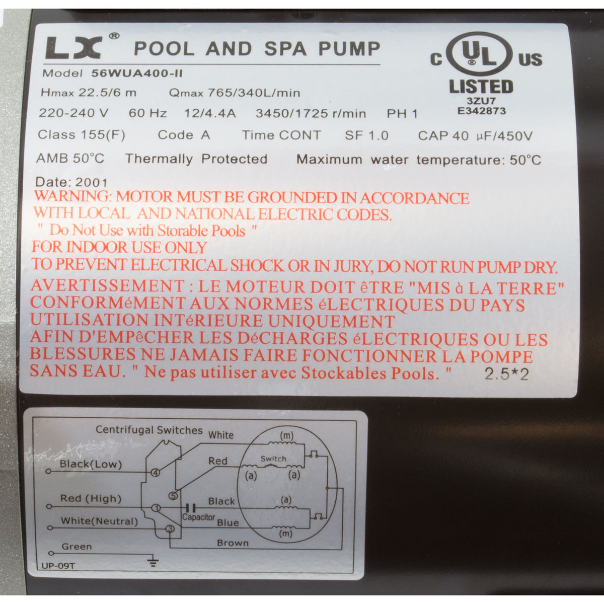 Pump, LX 56WUA, 4.0hp, 230v, 2-Spd, 56Fr, 2.5 x 2", SD