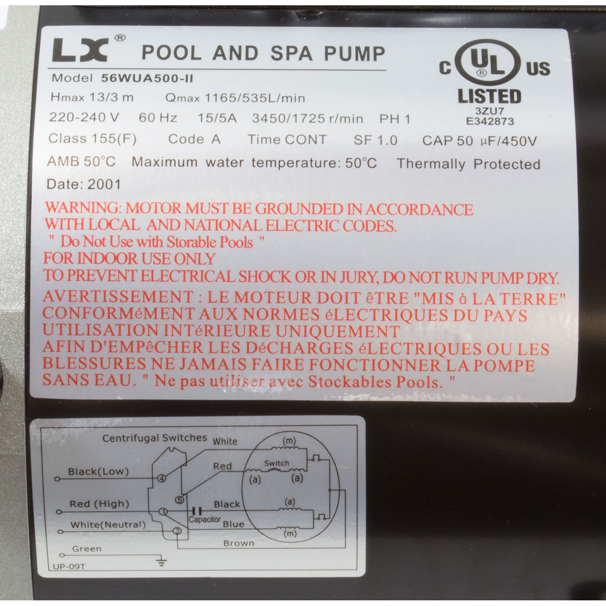 Pump, LX 56WUA, 5.0hp, 230v, 2-Spd, 56Fr, 2.5" x 2.5", SD