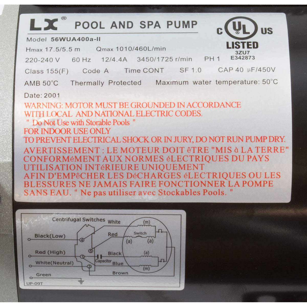 Pump, LX 56WUA, 4.0hp, 230v, 2-Spd, 56Fr, 2.5" x 2.5", SD