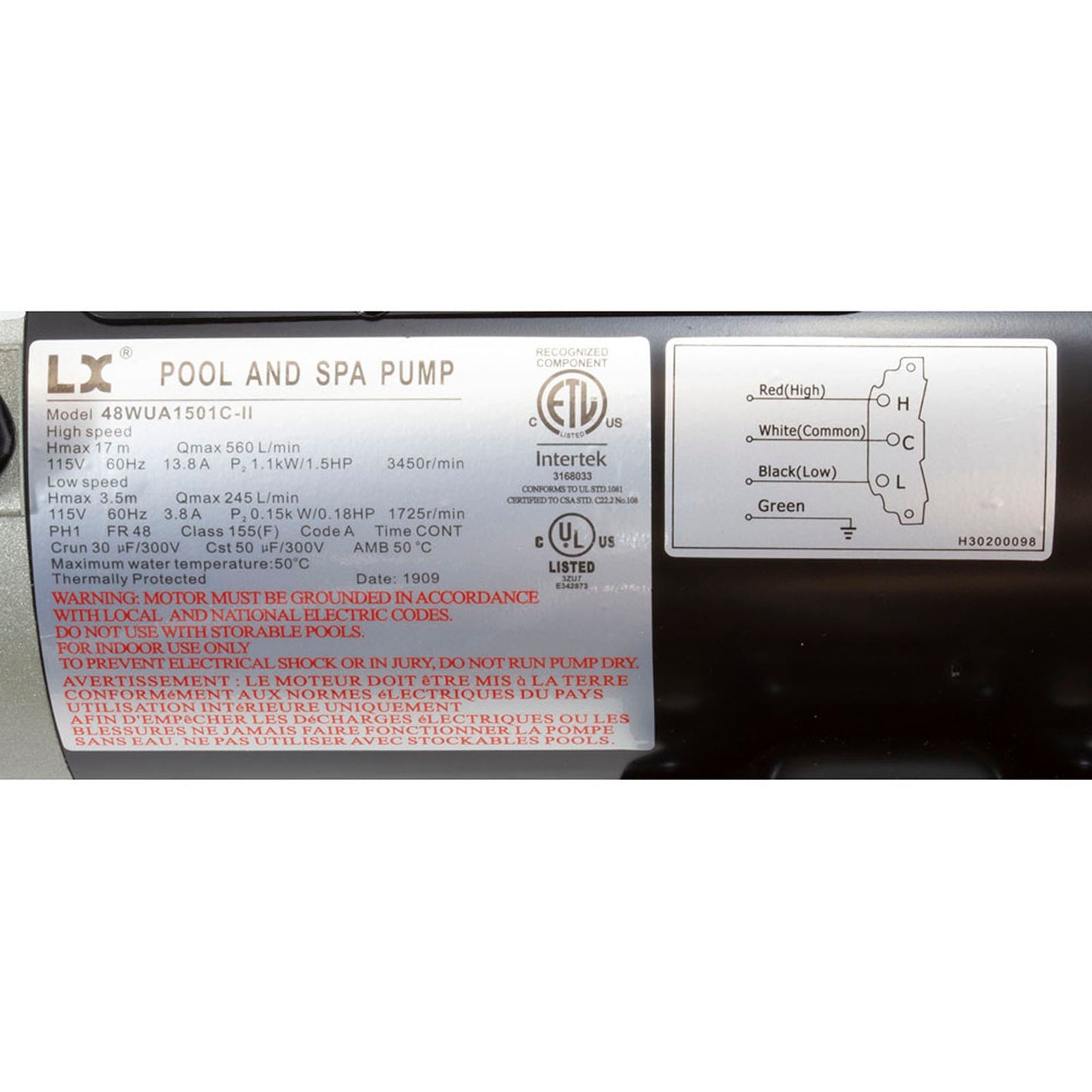 Pompe, LX 48WUA, 1,5 ch, 115 V, 2 vitesses, 48 ​​avant, 2 po, SD, sans support