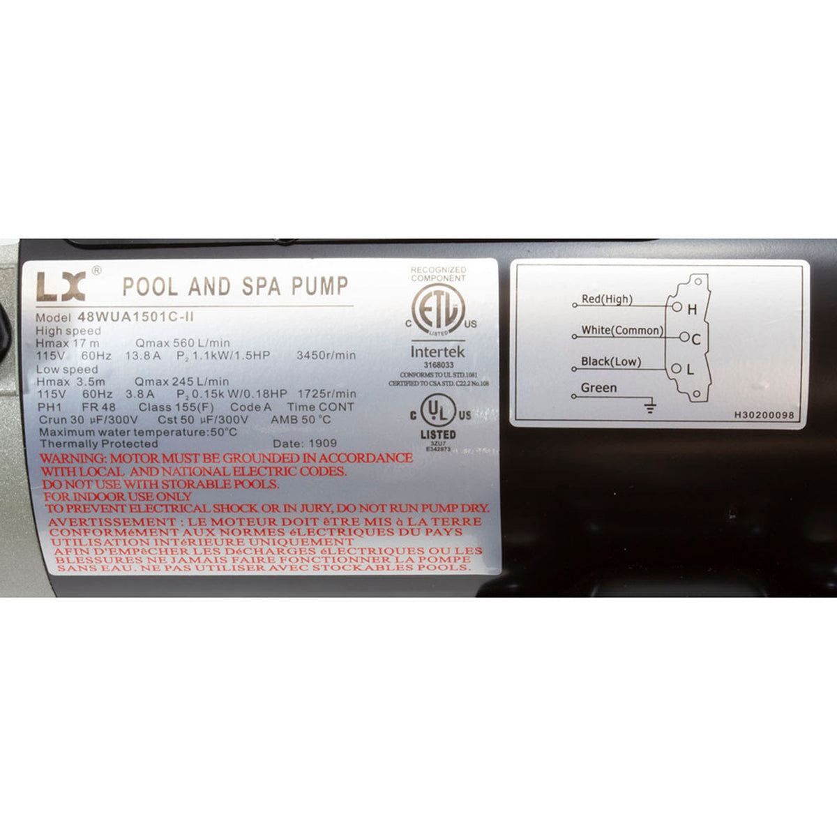 Pump, LX 48WUA, 1.5hp, 115v, 2-Spd, 48Fr, 2", SD, Bracketless