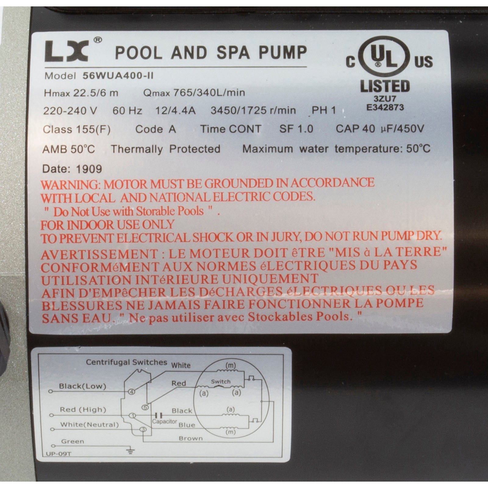 Pump, LX 56WUA, 4.0hp, 230v, 2-Spd, 56Fr, 2", SD, Bracketless