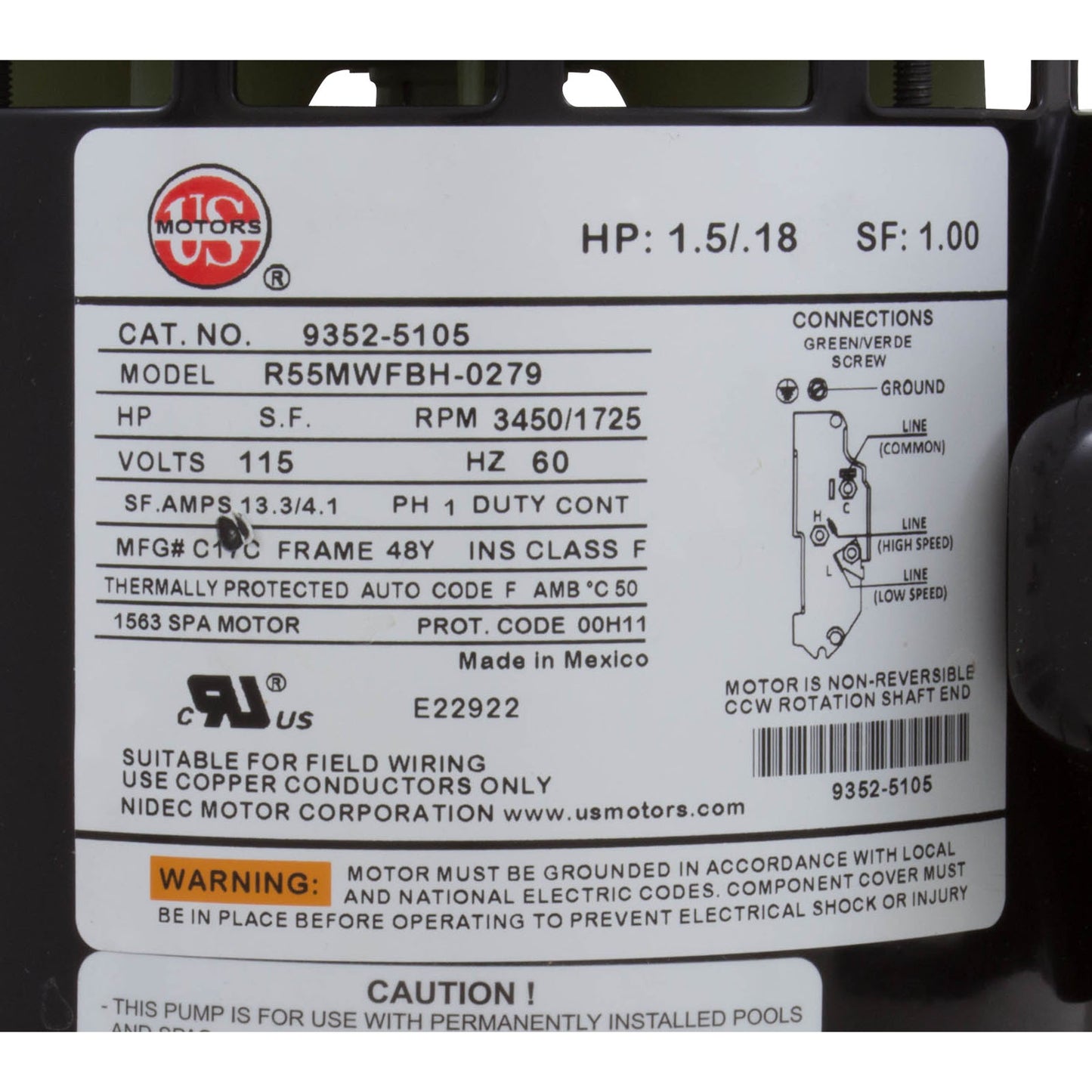 Pompe, Aqua Flo FMCP, 1,5 ohp/2,0 thp, 115v, 2 vitesses, 48fr, 1-1/2", OEM