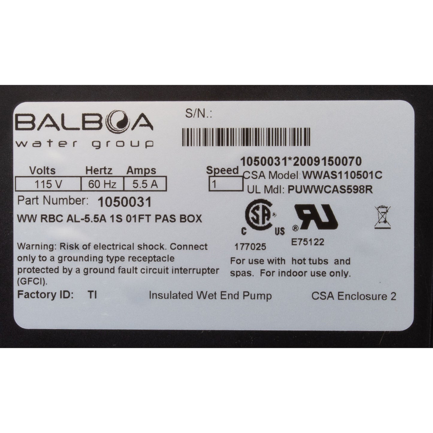 Pump, Bath, BWG Vico WOW, 5.5A, 115V, w/Air Switch & Cord, OEM