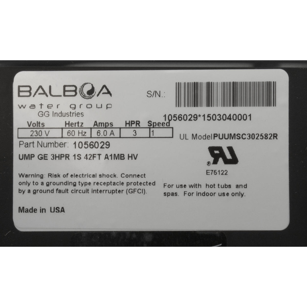 Pump, BWG Vico Ultima, 3.0hp, 230v, 1-Spd, 6.0A, OEM