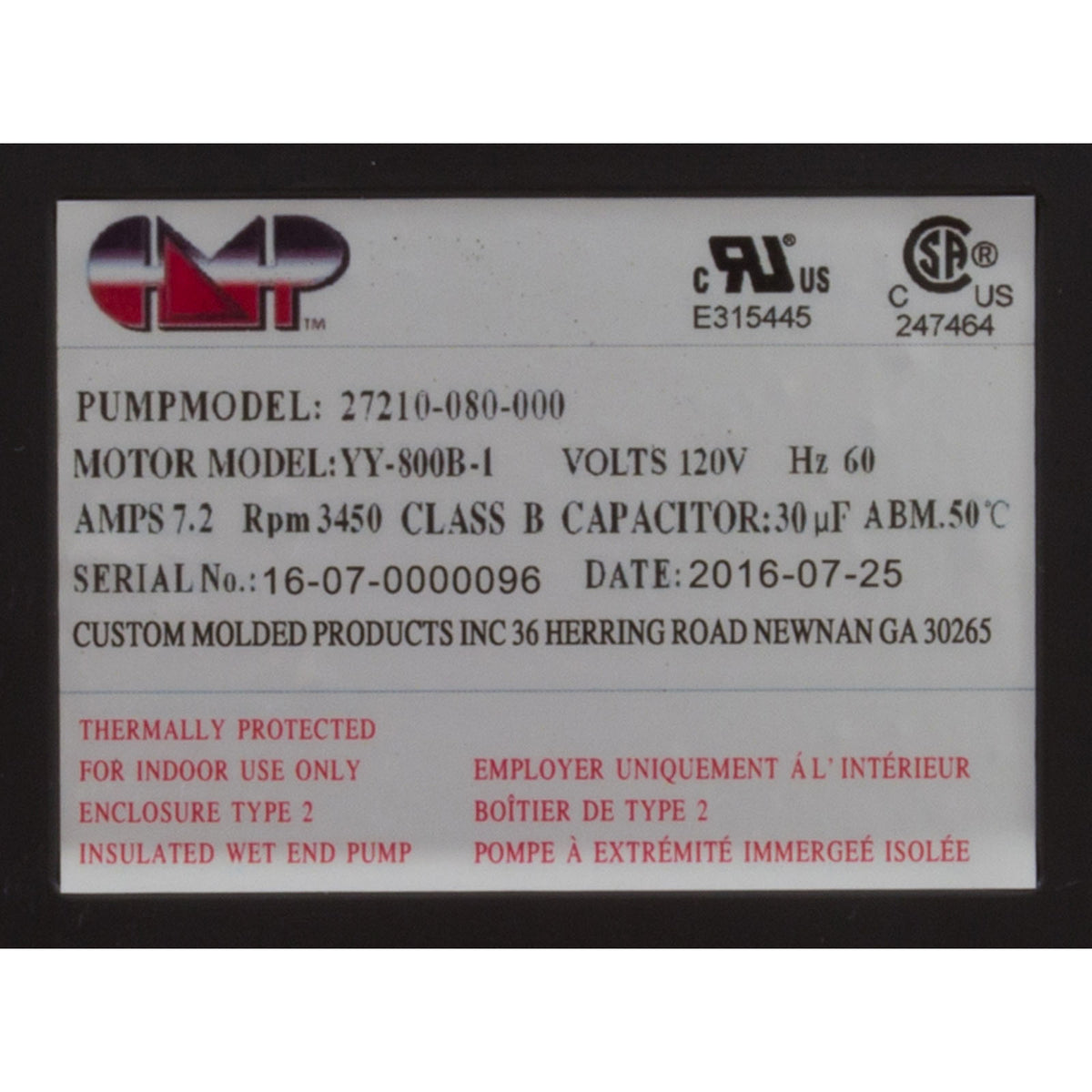 Pump, Bath, CMP Ninja, 115v, 1-1/2"mbt, 7.2A, OEM, AS