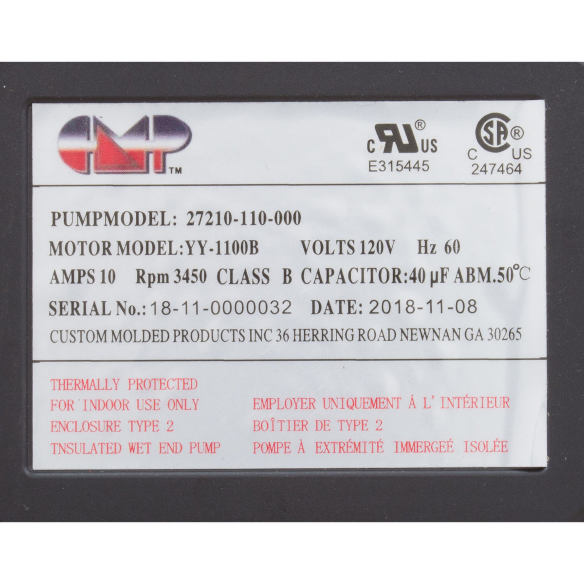 Pump, Bath, CMP Nexxus, 115v, 1-1/2"mbt, 10.0A, Nema Cord, OEM, AS