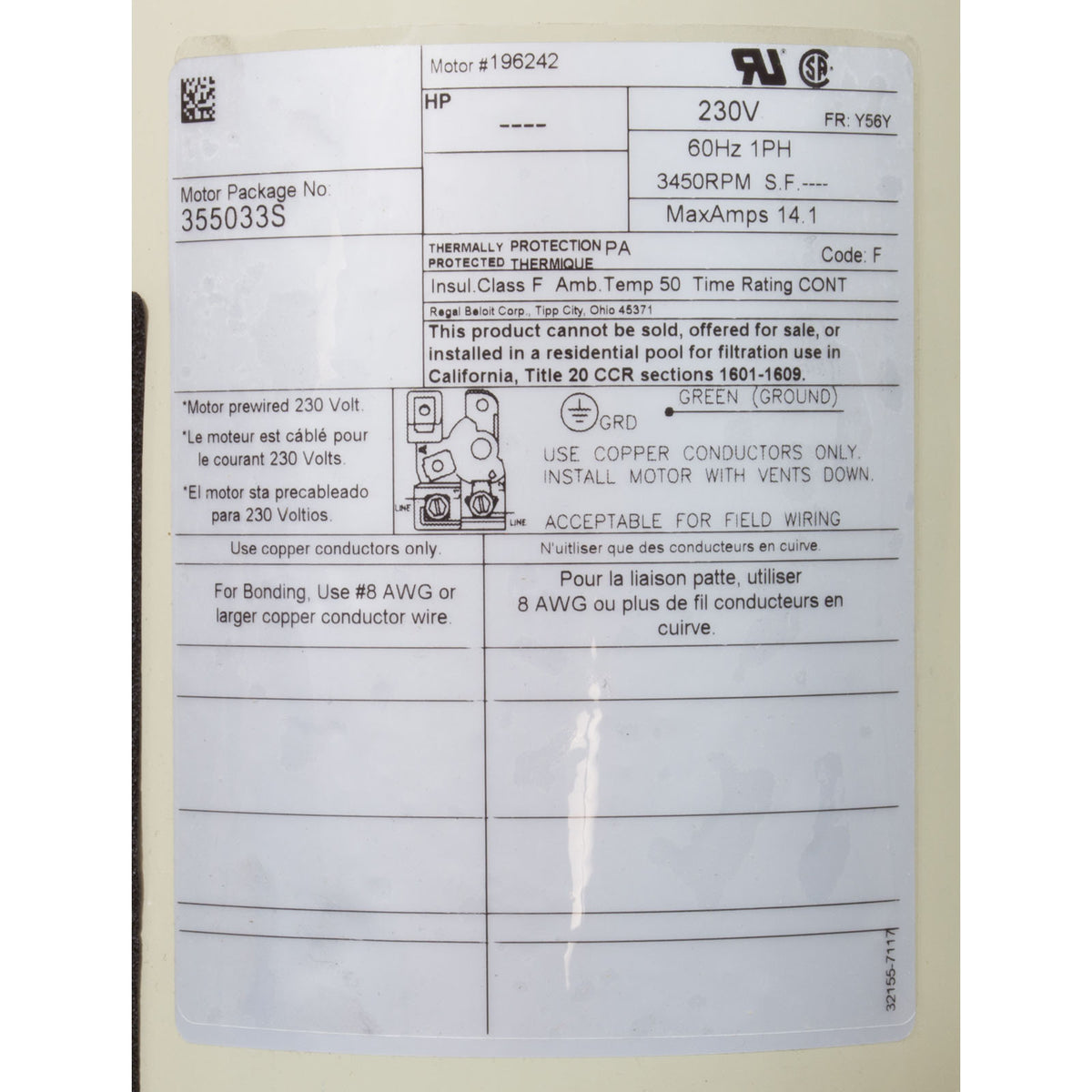 Motor, Pentair WF/WFXF, 3.0hp, 230v, 1-Spd, 56Y SQFL, Standard E