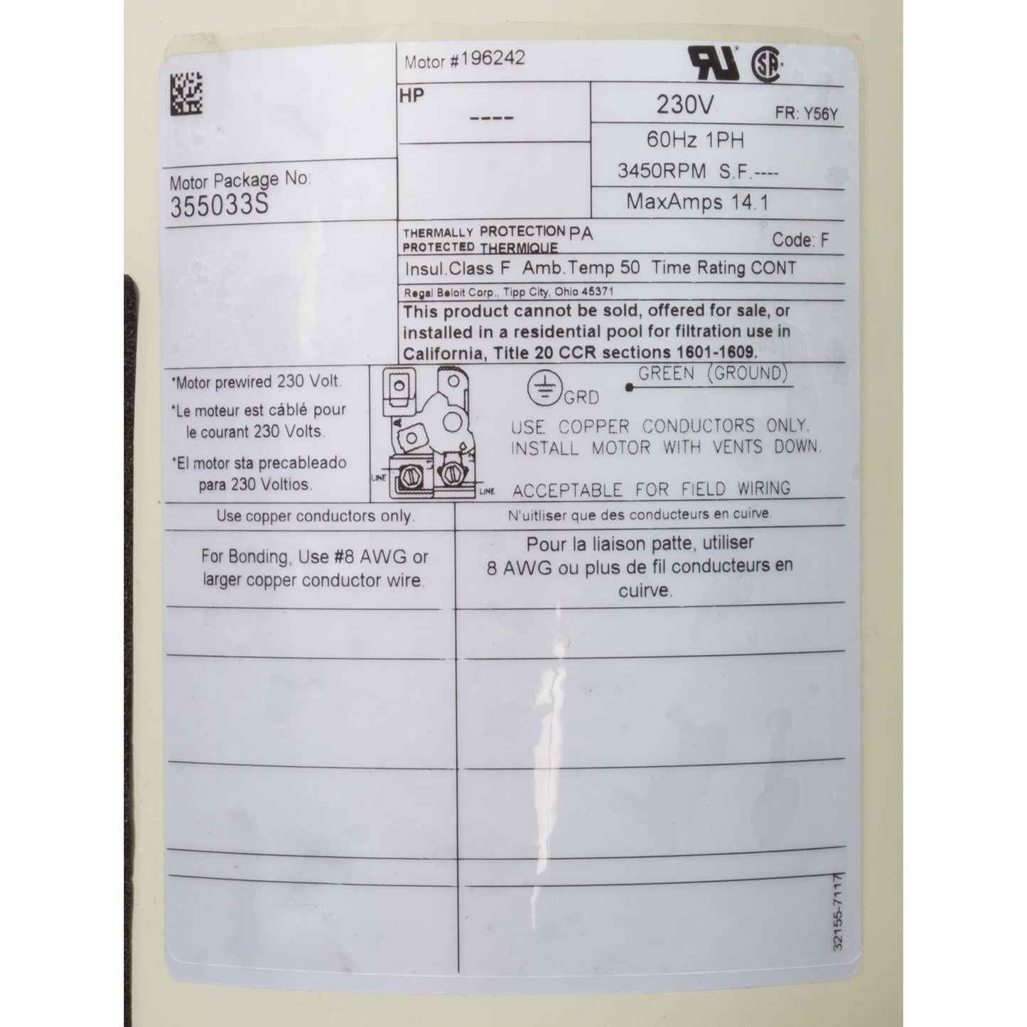 Motor, Pentair WF/WFXF, 3.0hp, 230v, 1-Spd, 56Y SQFL, Standard E