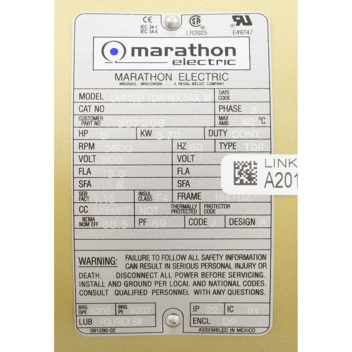 Motor, Pentair C Series, 5.0hp, 200v/208v, 3-Phase