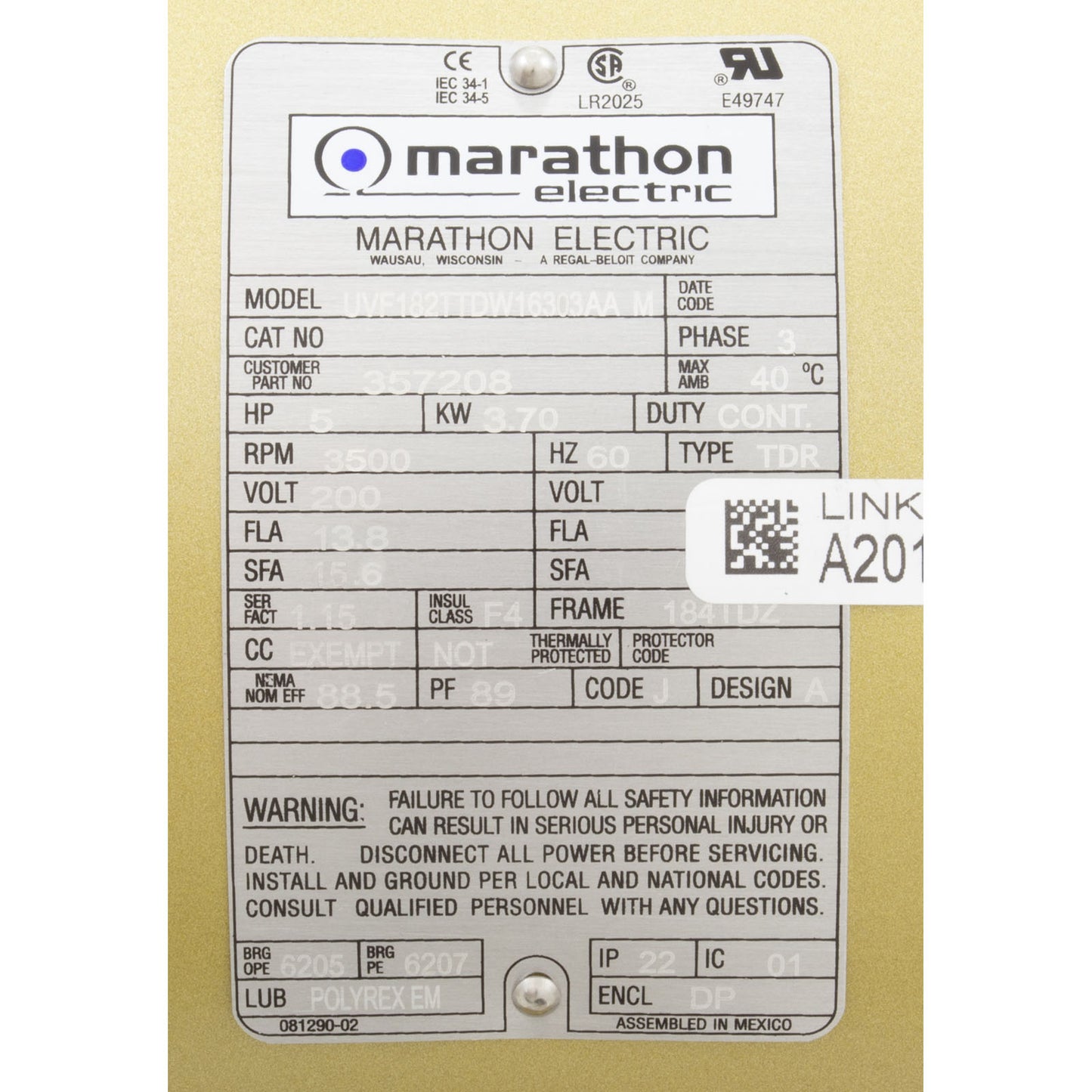 Motor, Pentair C Series, 5.0hp, 200v/208v, 3-Phase