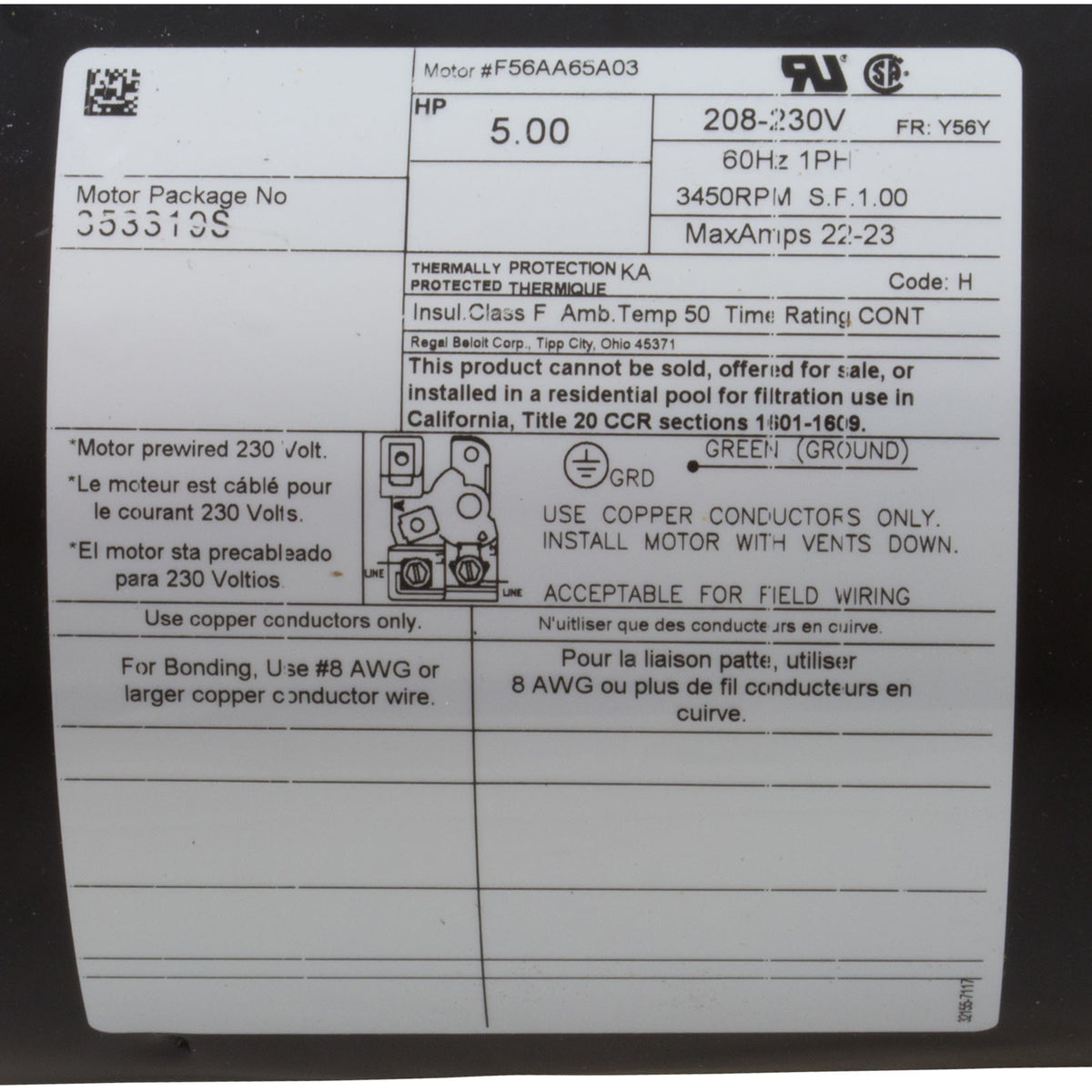 Motor, Pentair, 5.0hp, 230v, 1-Spd, 56Yfr, SQFL