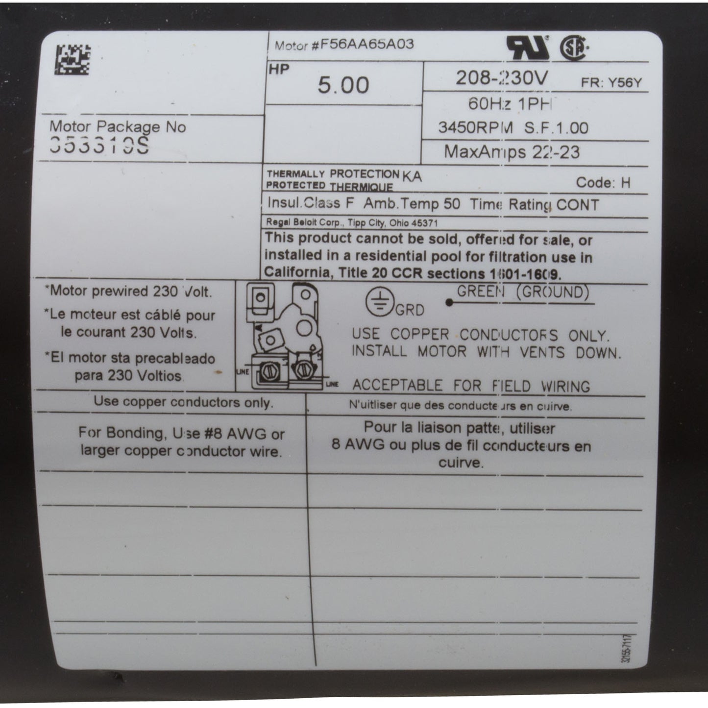 Motor Pentair, 5,0 hp, 230 V, 1 velocidad, 56 Yfr, SQFL