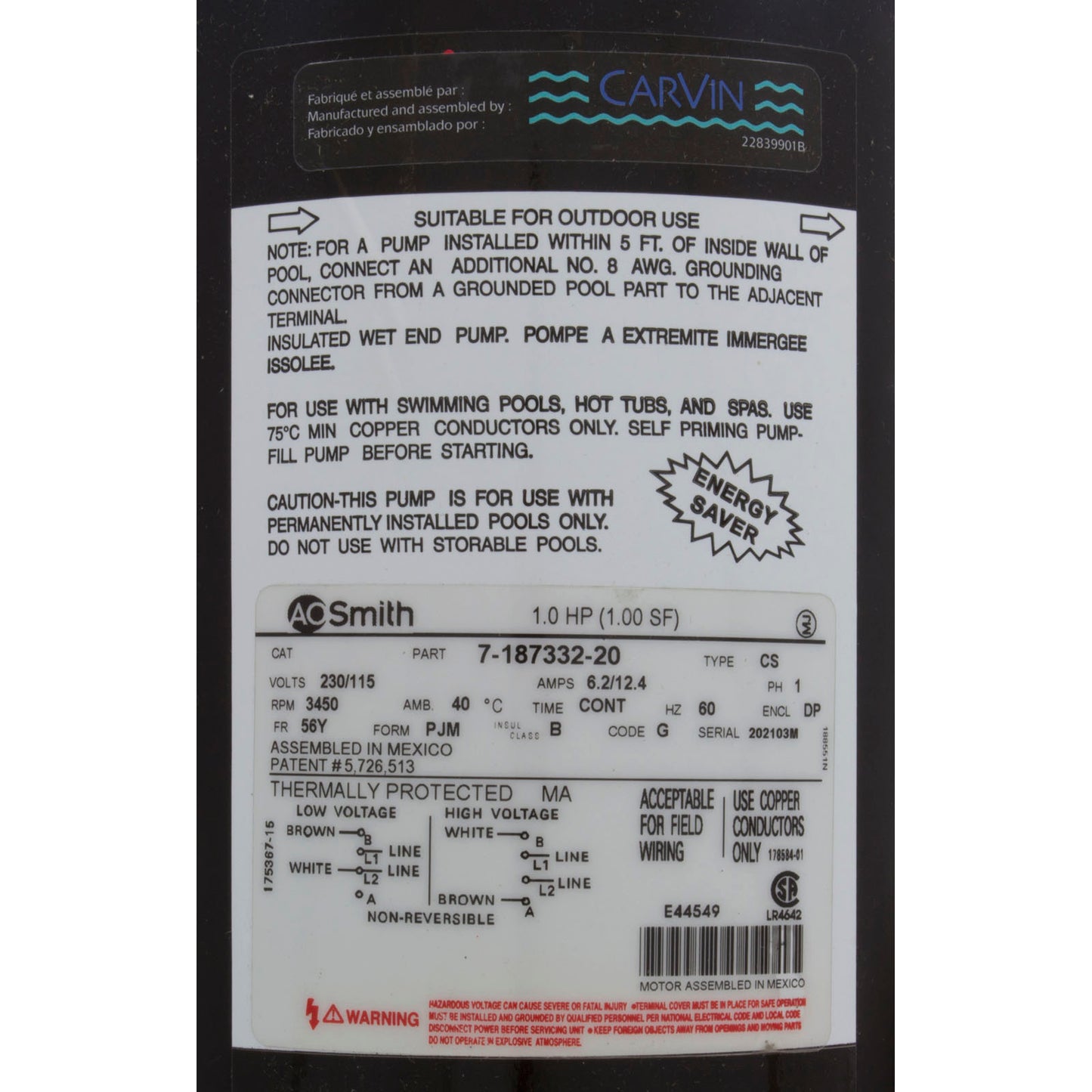 Motor, Jacuzzi Cygnet, 1.0hp, 115/230v, 1-Speed, 12.4A/6.2A