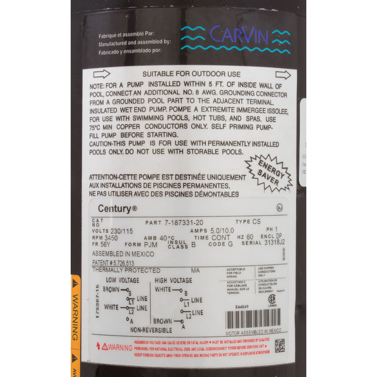 Motor, Carvin Cygnet, 0.75hp, 115/230v, 1-Spd, 10A/5A