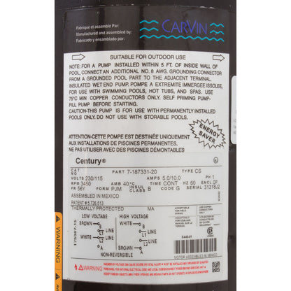 Motor, Carvin Cygnet, 0,75 hp, 115/230 V, 1 velocidad, 10 A/5 A