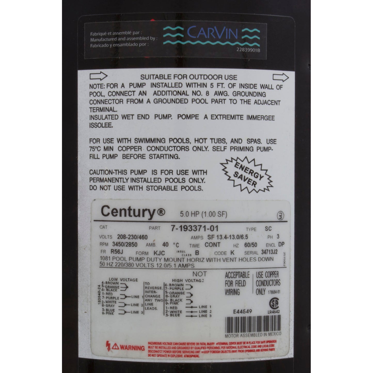 Motor, Jacuzzi Magnum/Magnum Force, 1.5hp, 115/230v, Unity SF