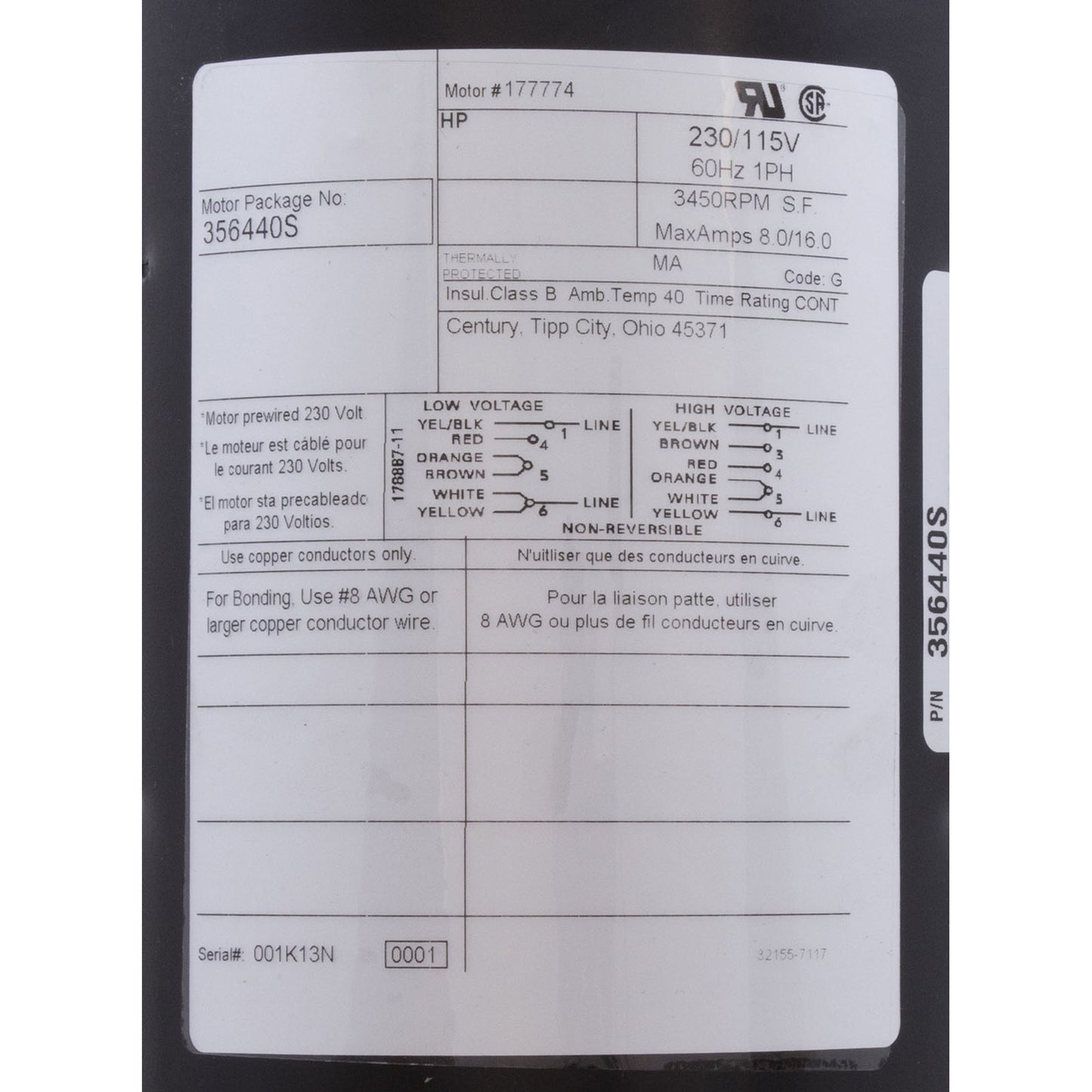 Motor, Century,1.5hp,115v/230v,48fr,Pinnacle,no base