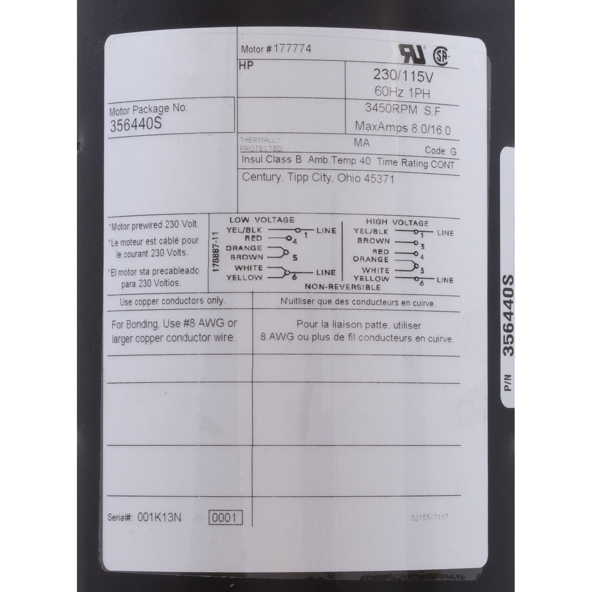 Motor, Century,1.5hp,115v/230v,48fr,Pinnacle,no base
