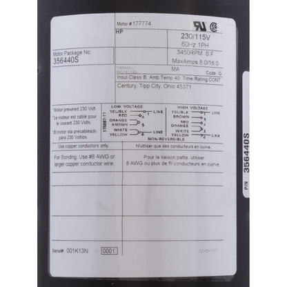 Motor, Century,1.5hp,115v/230v,48fr,Pinnacle,no base