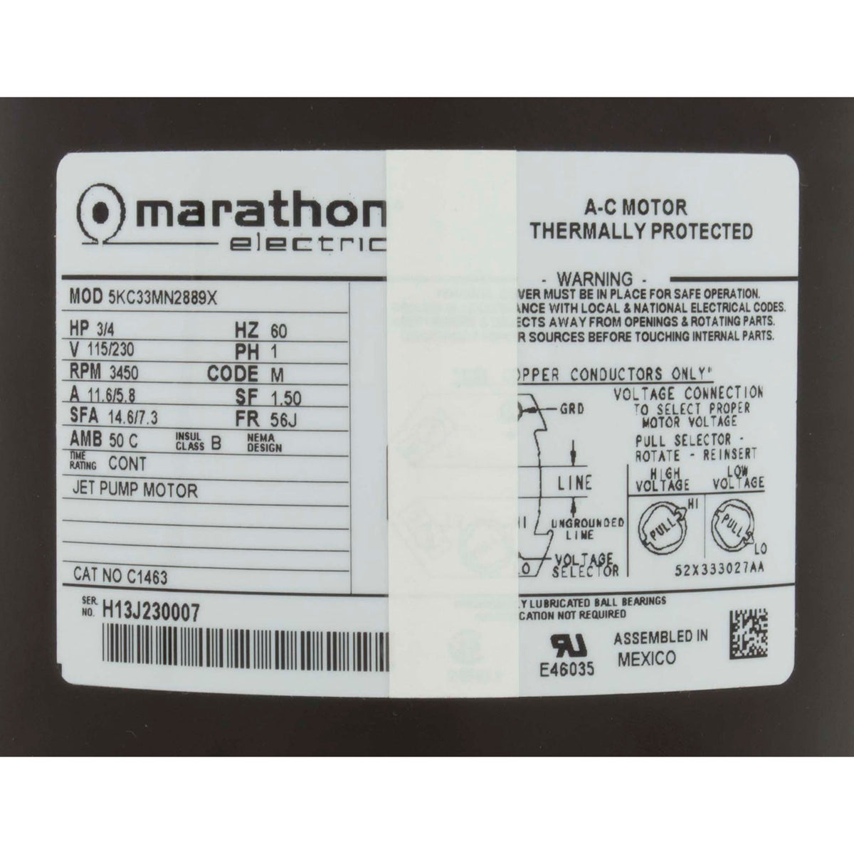 Motor, Marathon, 0.75hp, 115v/230v, 1-Spd, 56Jfr, C-Face Thd