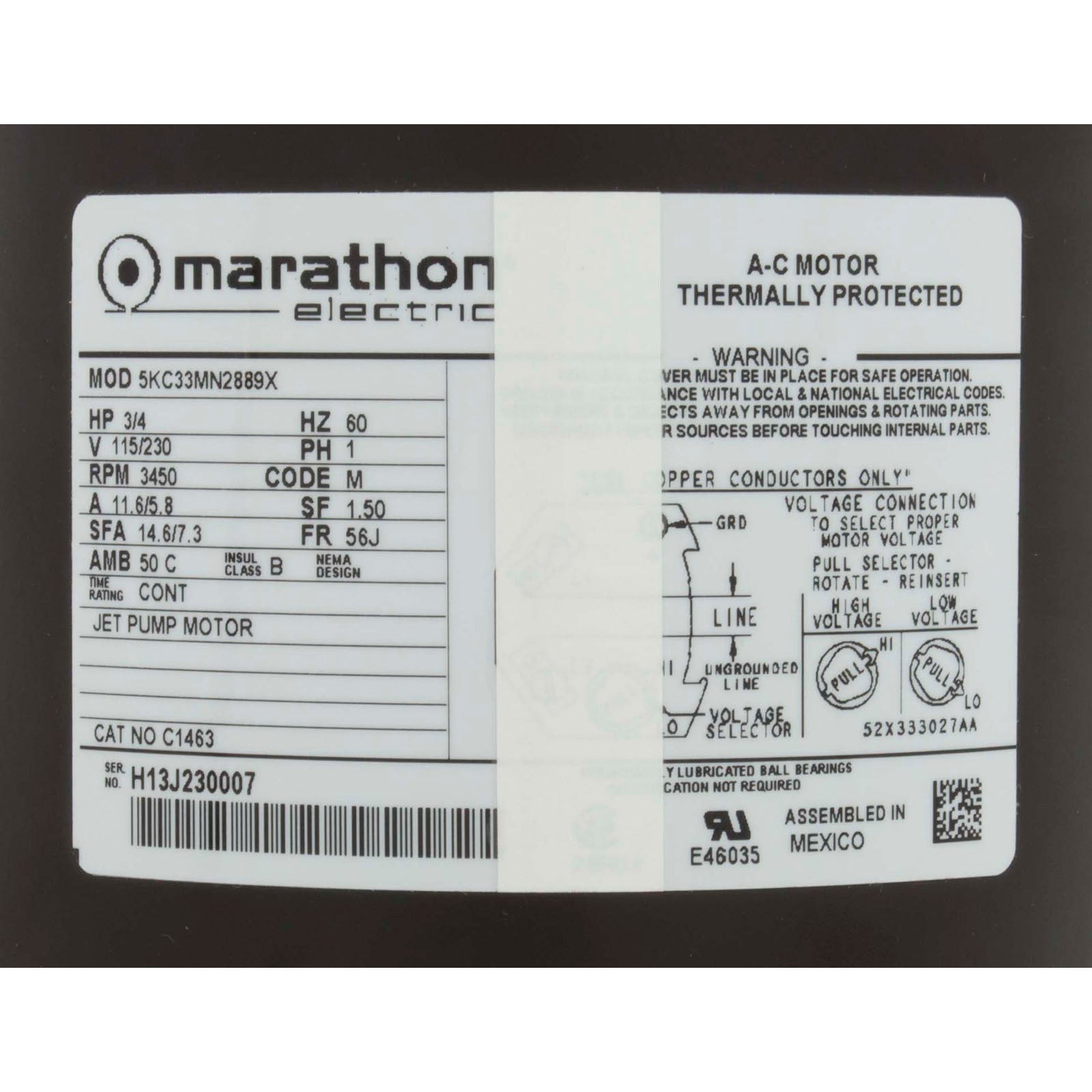 Motor, Marathon, 0.75hp, 115v/230v, 1-Spd, 56Jfr, C-Face Thd
