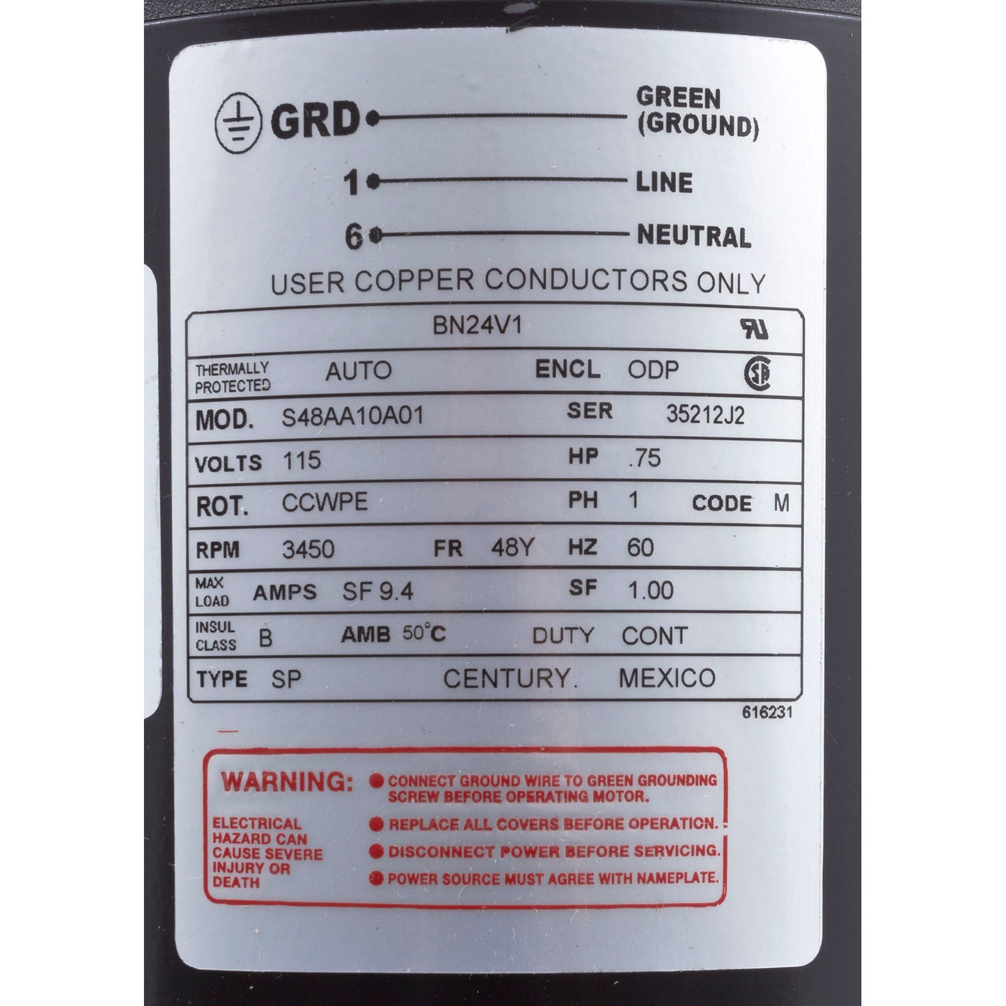 Motor, Century, 0,75 caballos de fuerza, 115 V, 1 velocidad, cuadro de 48