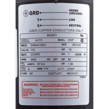 Motor, Century, 0,75 caballos de fuerza, 115 V, 1 velocidad, cuadro de 48