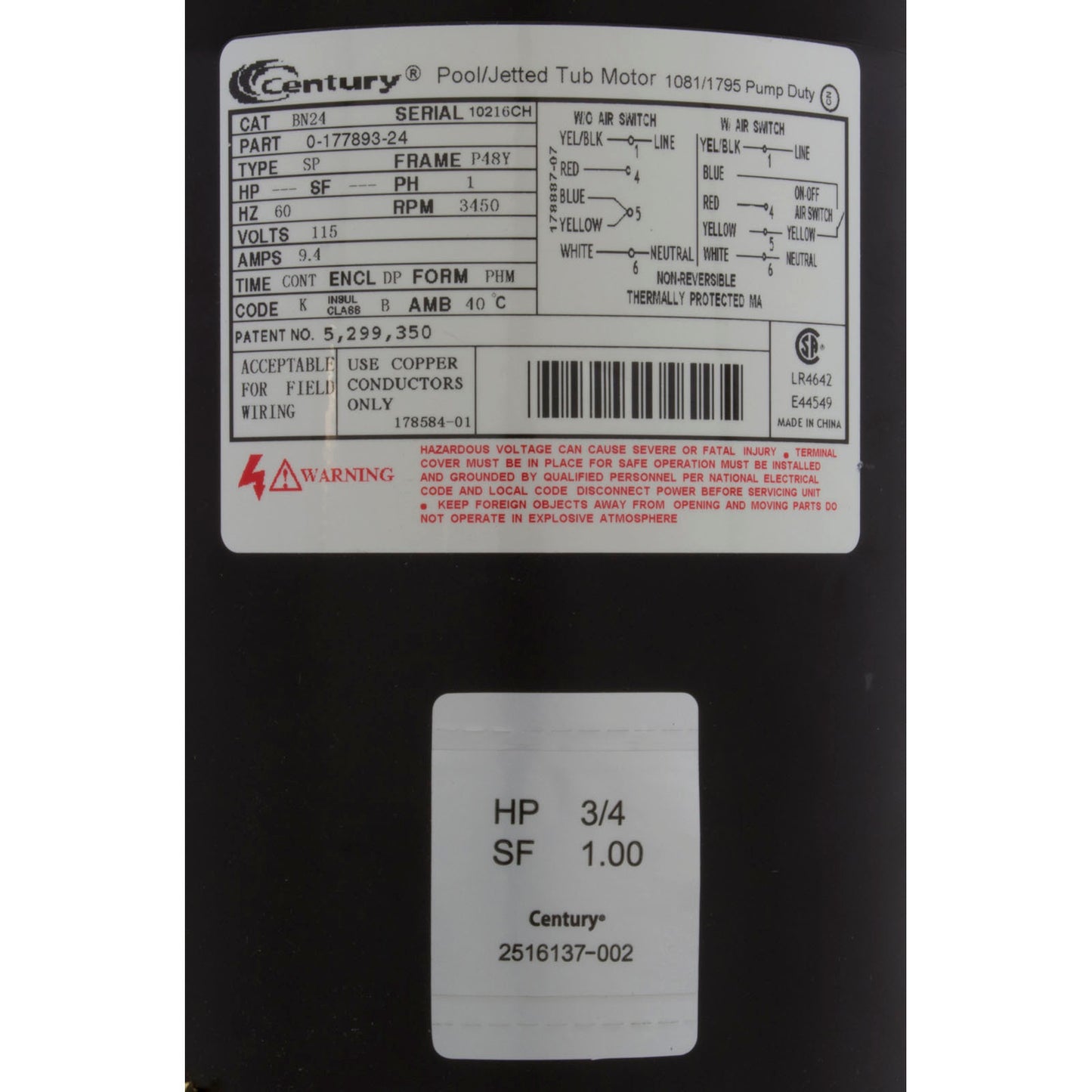 Motor, Century/WW, 0.75hp, 115v, 1-Speed, 48YFr, 60Hz