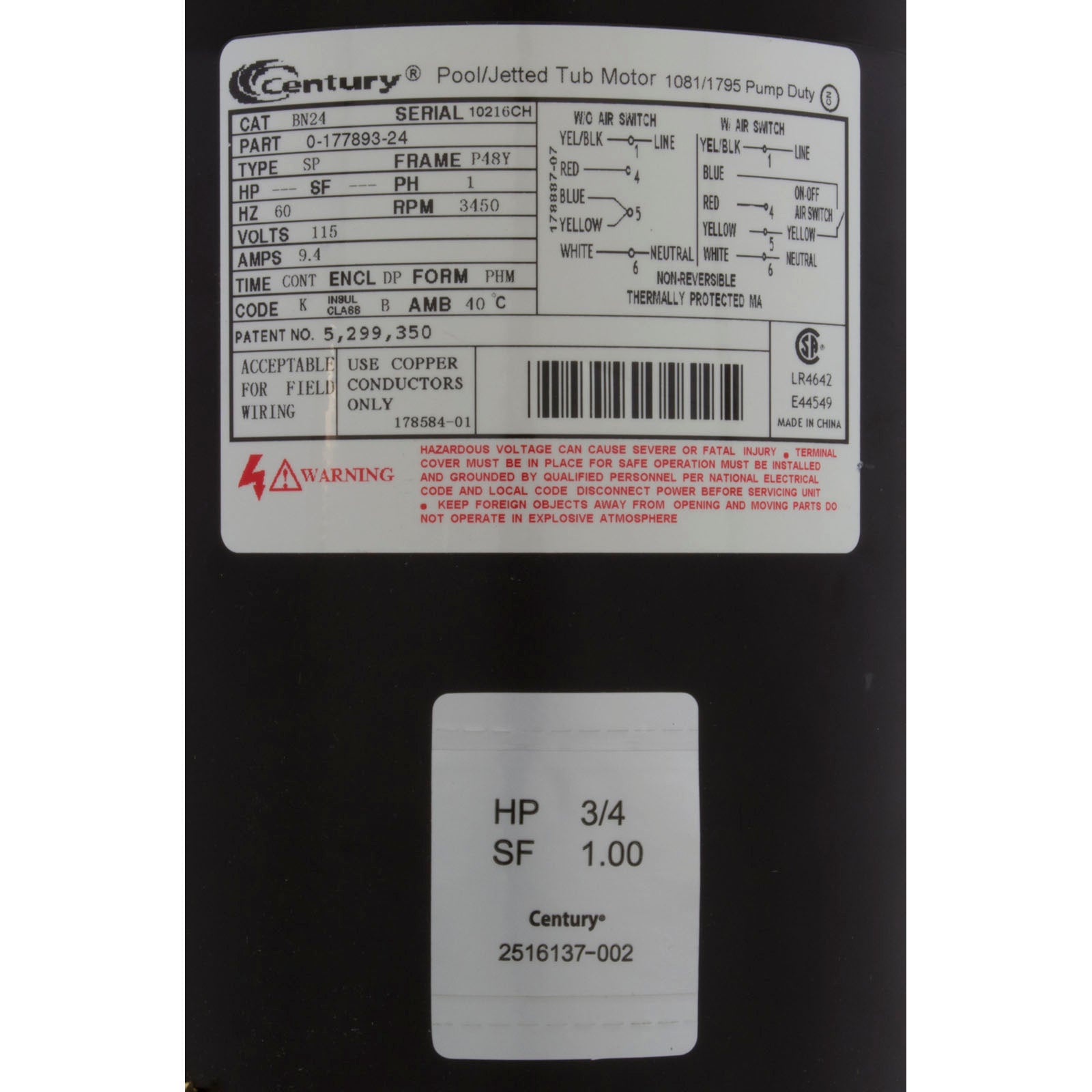 Motor, Century/WW, 0.75hp, 115v, 1-Speed, 48YFr, 60Hz