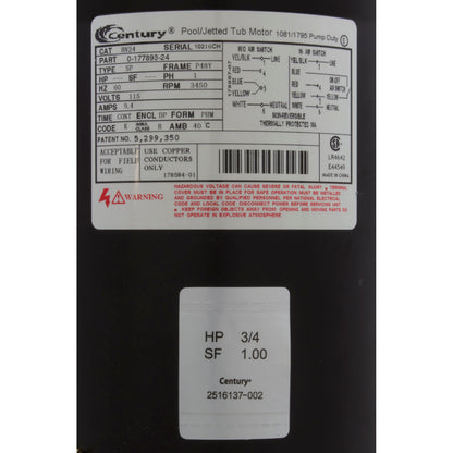 Motor, Century/WW, 0.75hp, 115v, 1-Speed, 48YFr, 60Hz