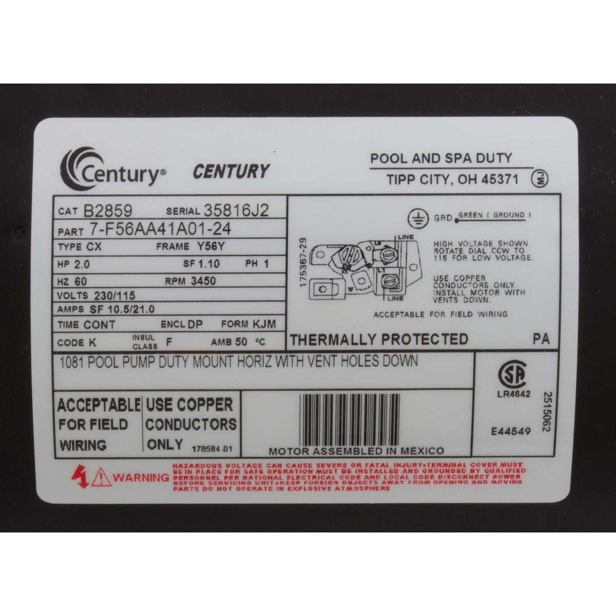Motor, Century, 2hp, 115/230v, 1-Spd, 56Fr, Up Rate