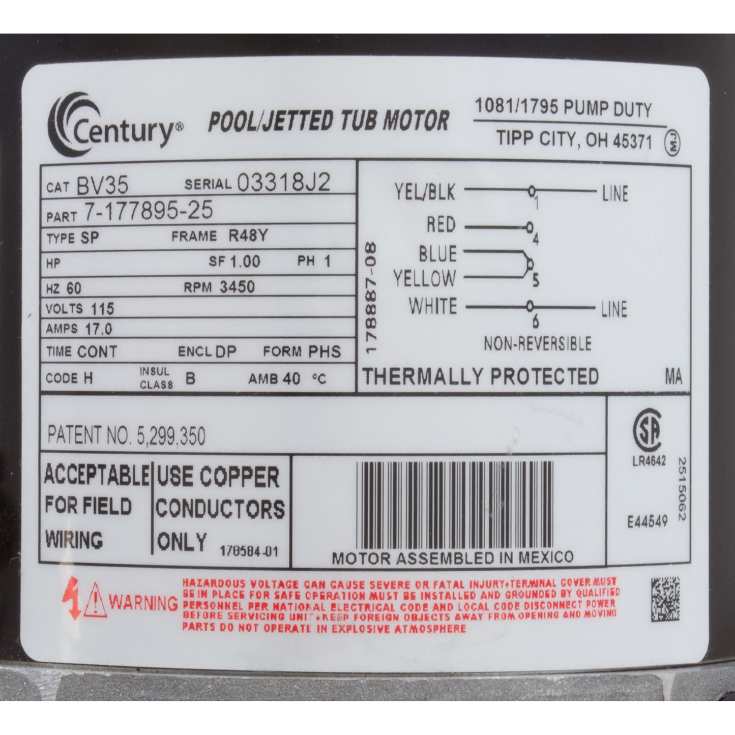 Motor, Century, 1.5 Horsepower, 115v, 1 Speed, 48 Frame