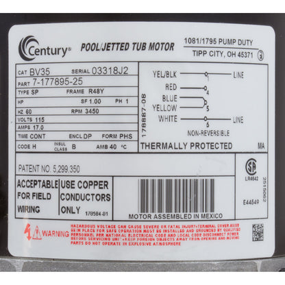 Motor, Century, 1.5 Horsepower, 115v, 1 Speed, 48 Frame