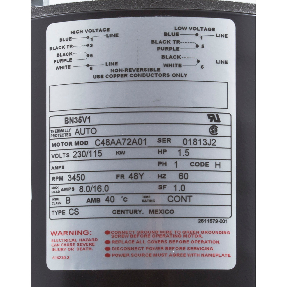 Motor, Century, 1.5 Horsepower, 115v/230v, 1 Speed, 48 Frame