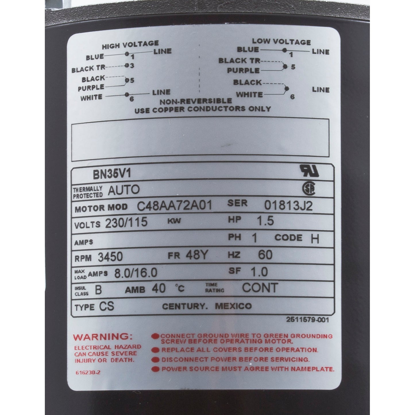 Motor, Century, 1.5 Horsepower, 115v/230v, 1 Speed, 48 Frame