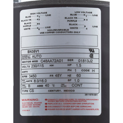 Motor, Century, 1.5 Horsepower, 115v/230v, 1 Speed, 48 Frame