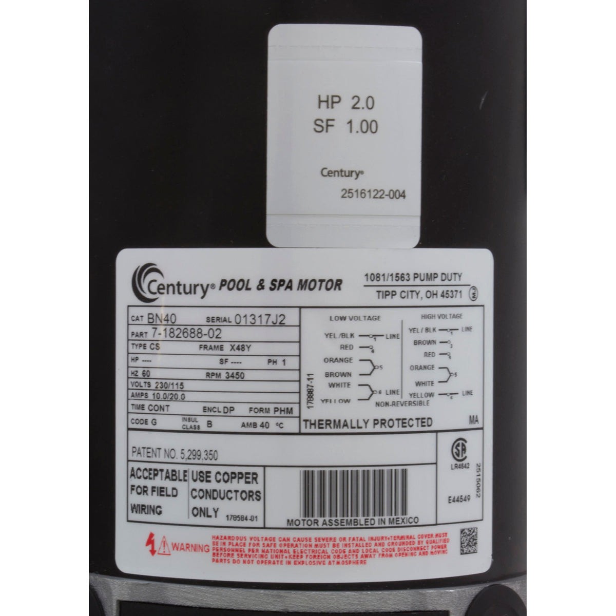 Motor, Century/WW, 2.0hp, 115v/230v, 1-Speed, 48 Frame