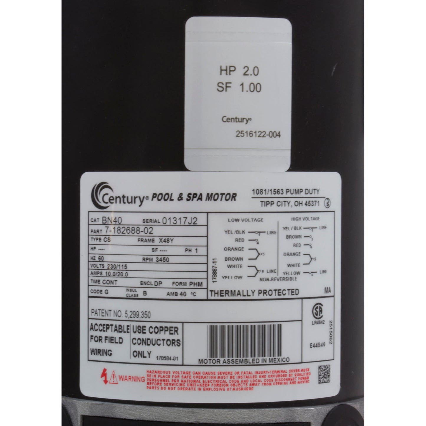 Motor, Century/WW, 2.0hp, 115v/230v, 1-Speed, 48 Frame