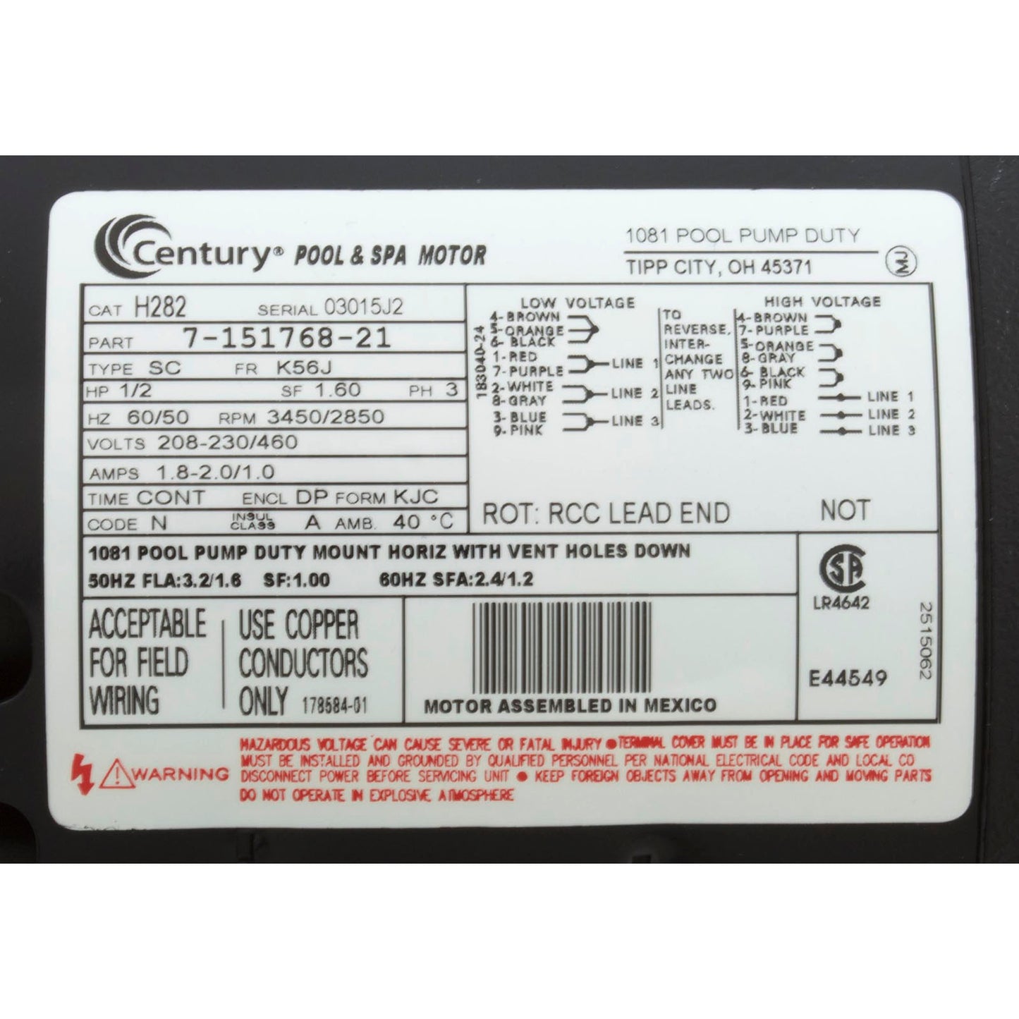 Motor, Century, 0.5hp, 208v-230v/460v, 3ph, 56Jfr, C-Face Thd