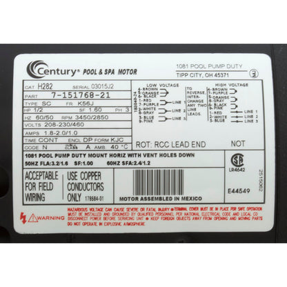 Motor, Century, 0.5hp, 208v-230v/460v, 3ph, 56Jfr, C-Face Thd