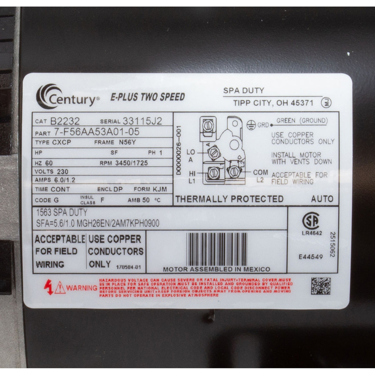 Motor, Century, 1.0 Horsepower, 230v, 2-Speed, 56Y Frame