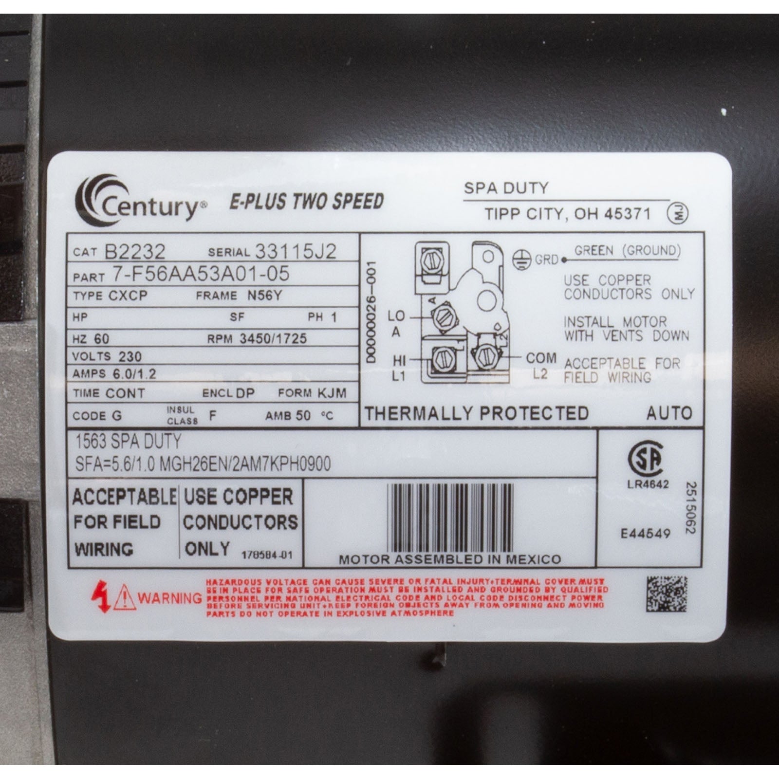 Motor, Century, 1.0 Horsepower, 230v, 2-Speed, 56Y Frame