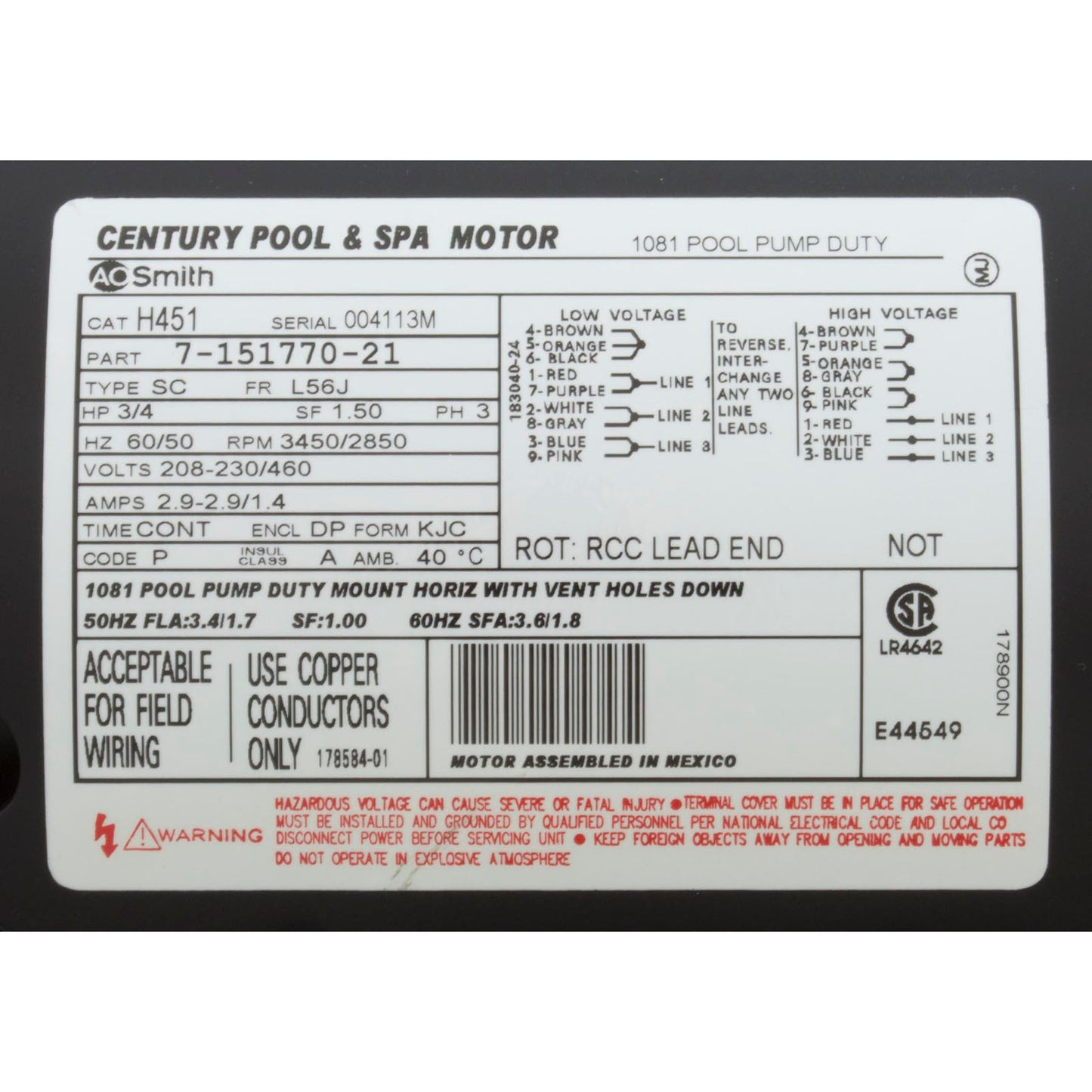 Motor, Century, 0.75hp, 208v-230v/460v, 3ph, 56Jfr, C-Face Thd