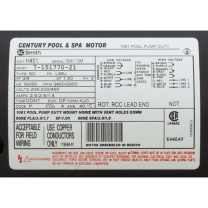 Motor, Century, 0.75hp, 208v-230v/460v, 3ph, 56Jfr, C-Face Thd