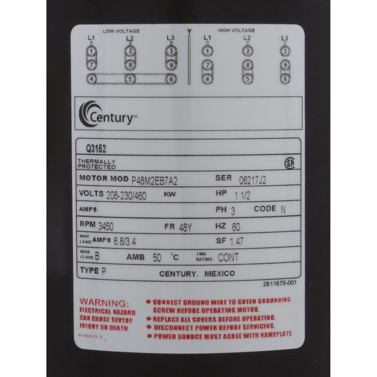 Motor, Century, 1.5hp, 208v-230v/460v, 3ph, 48Yfr, SQFL Thd